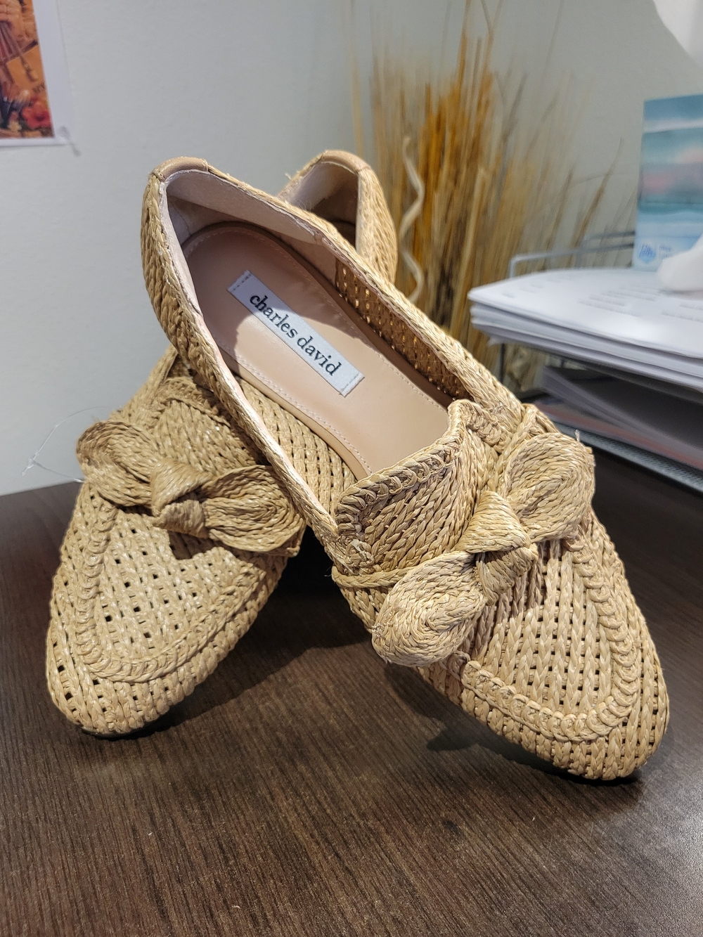 Charles David Woven Natural Raffia Bow Loafers